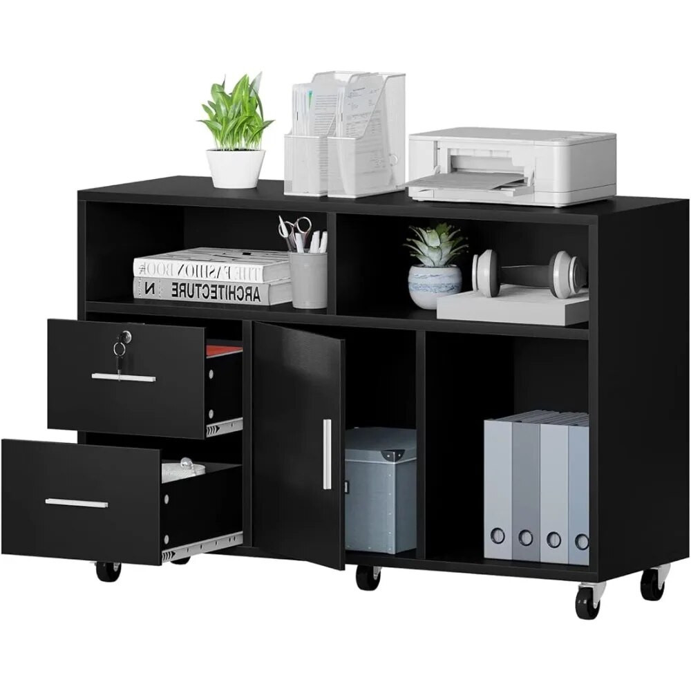 Black rolling storage cabinet with drawers and open shelves, printer on top